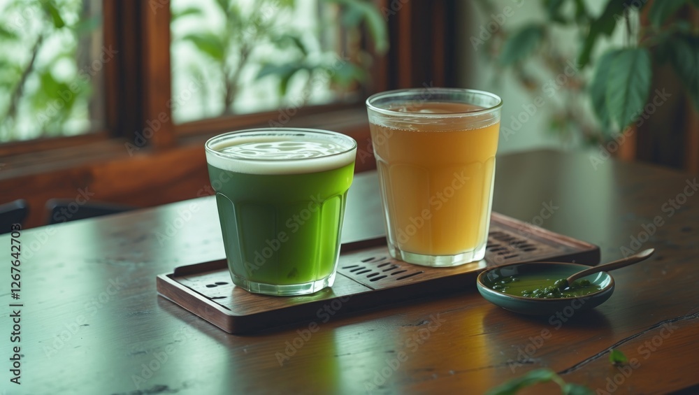 Poster refreshing green tea and cold milk tea served on a wooden tray with empty space for text in a cozy c