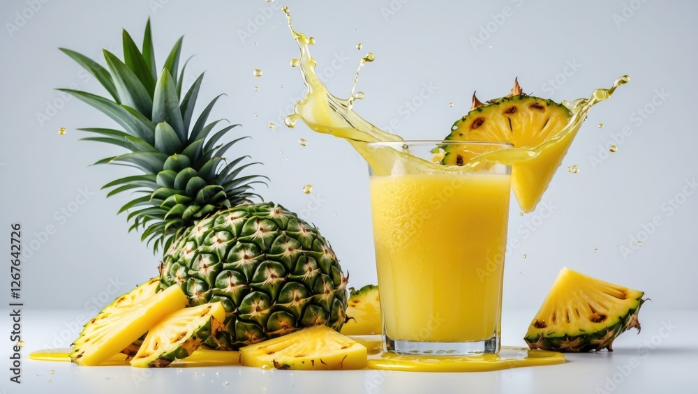 Aufkleber Refreshing pineapple juice splash with sliced pineapple on a white background showcasing vibrant colors and dynamic composition for summer vibes.