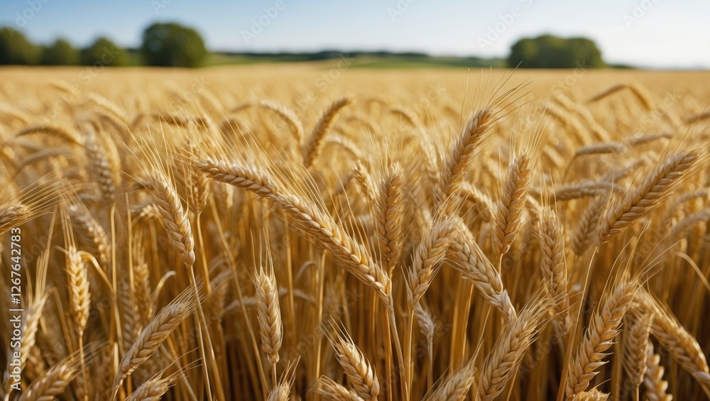 Poster golden wheat field under clear sky with abundant crops ready for harvest and space for adding text o