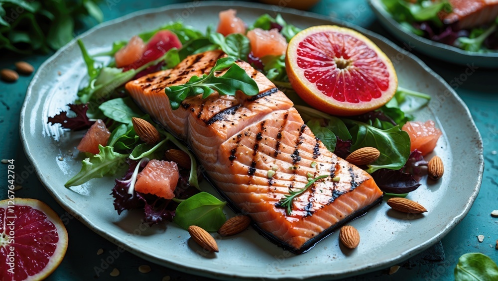 Poster grilled salmon salad with fresh grapefruit, almonds and mixed greens on a rustic plate