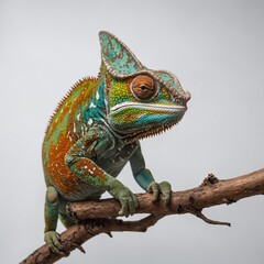 A chameleon clinging to a branch, its skin vibrant with changing colors, clear white background.