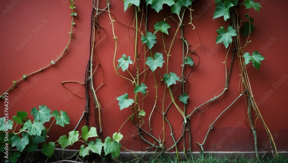 Leinwandbilder green climbing vines with limp stems contrasting against a vibrant red wall creating an engaging bot