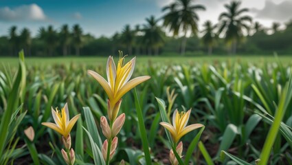 Obraz premium Tropical grassland flowers in vibrant bloom surrounded by lush green foliage under a clear blue sky with palm trees in the background