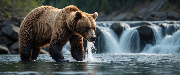 Obraz premium Grizzly Bear Fishing Salmon in Flowing River with Waterfall Scenic Background and Blank Space for Text and Advertising Needs