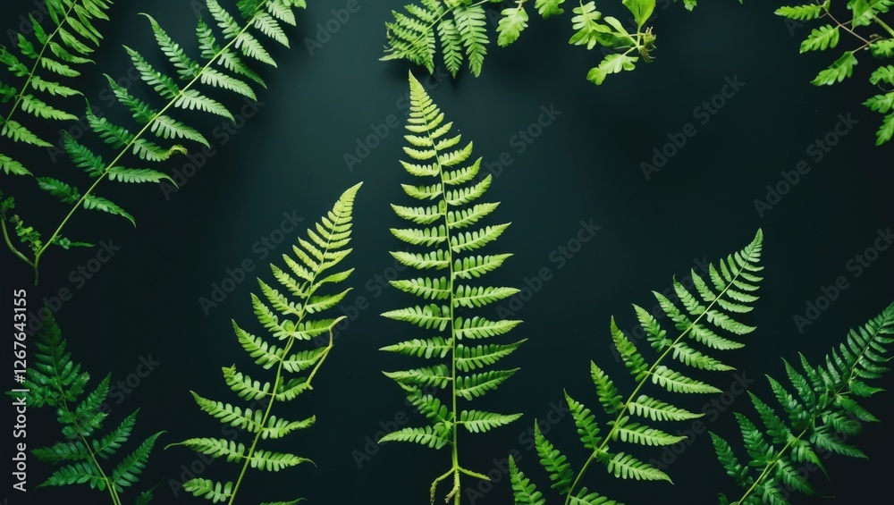 Poster vibrant fern leaves with dark background and copy space for text ideal for nature-themed designs and