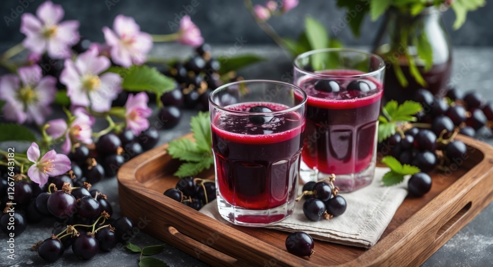 Poster fresh blackcurrant juice in glasses on wooden tray surrounded by berries and flowers with napkin and