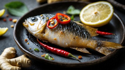 Fried Salted Fish Presented with Chili Peppers Lemon and Ginger on a Dark Plate Close-Up Culinary Delight