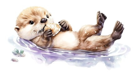 A chibi otter floating on its back, holding a seashell, looking content, isolated on a white background
