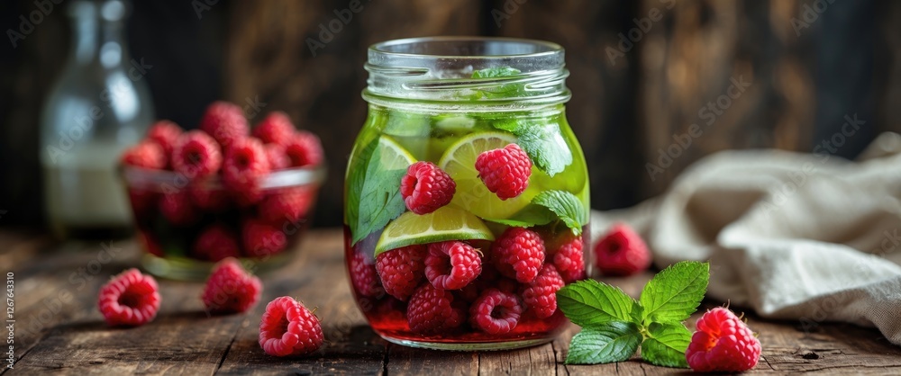 Poster Refreshing Raspberry Mojito in Glass Jar with Fresh Mint and Lime on Rustic Wooden Table with Empty Space for Text or Branding