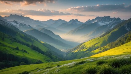 Fototapeta premium Serene Morning Light Over Lush Green Mountains and Valleys with Majestic Peaks in the Distance