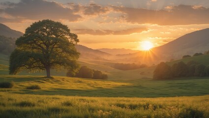 Serene Landscape at Sunset with Majestic Tree Overlooking Lush Meadows and Golden Sunlight Illuminating the Horizon Peaceful Nature Scene