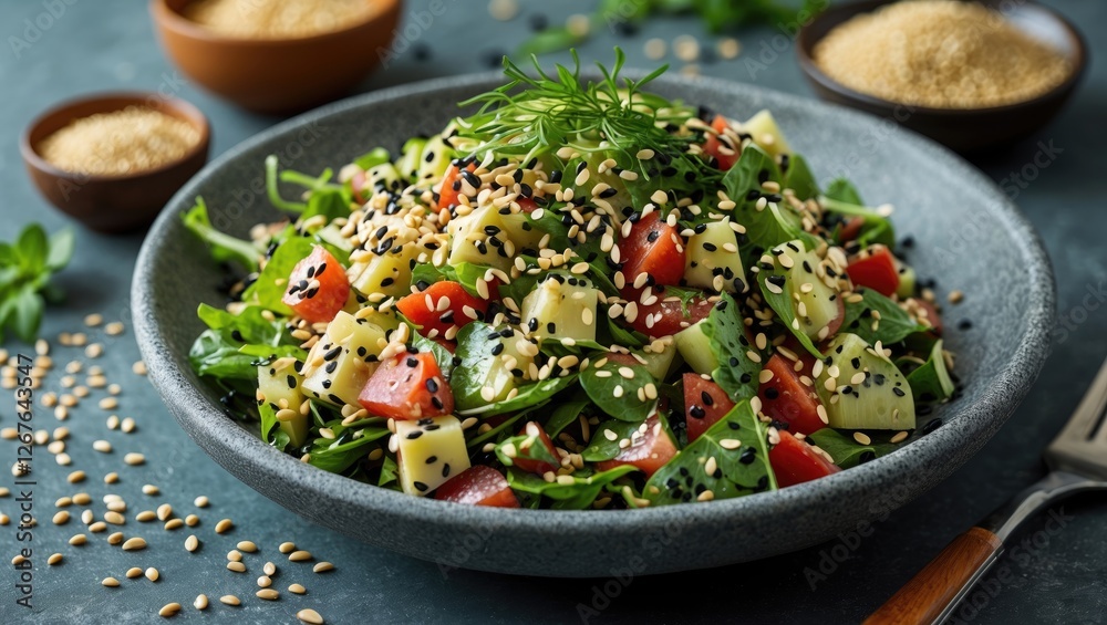 Aufkleber Gourmet Chuka Salad With Fresh Vegetables and Sesame Seeds on Rustic Table with Space for Text or Branding