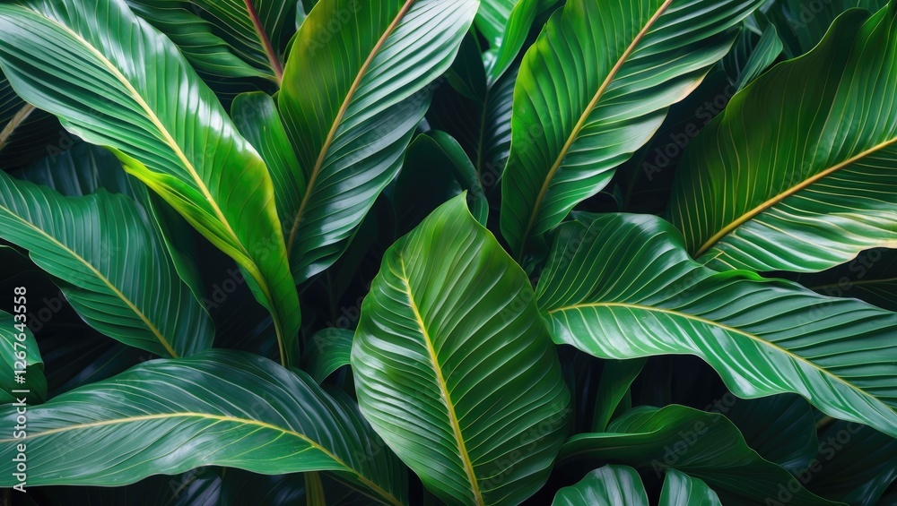 Poster Lush Green Tropical Leaves Abstract Background with Macro Focus on Flowing Lines and Textures of Nature. Ideal for Relaxing Decor and Design.