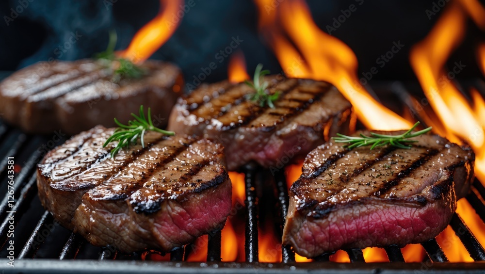 Poster Grilled Beef Steaks on Barbecue with Flames in Background and Space for Customizable Text or Branding