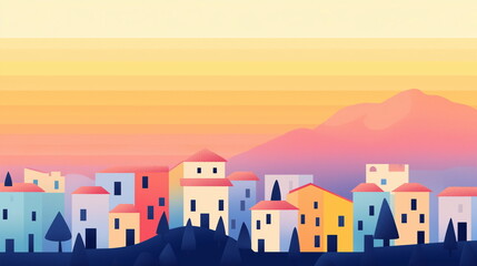 Fototapeta premium A distant view of a charming village at the bottom, with majestic mountains in the upper right. Soft, healing colors in a children's illustration style, using color blocks and a flat design.