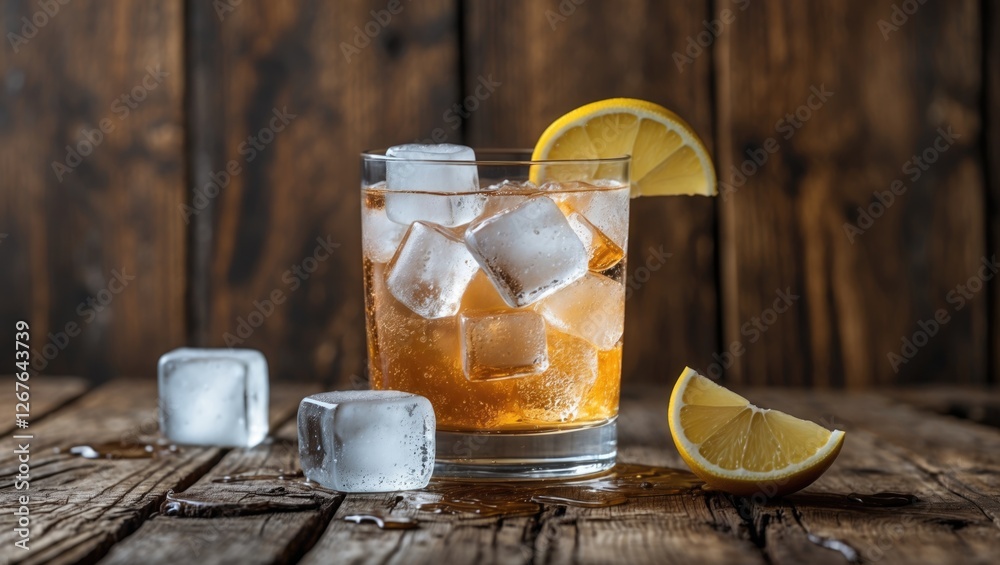 Aufkleber refreshing cold drink with ice cubes and lemon slice on rustic wooden background. ideal for summer b