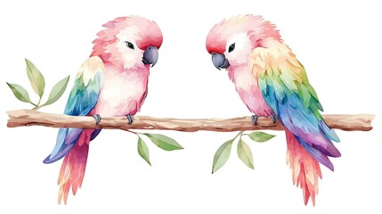 Naklejka premium A chibi parrot with colorful feathers, perched on a branch, mimicking speech, isolated on a white background