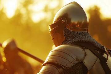 Sunset Warrior  A Knight in Shining Armor Preparing for Battle in Golden Light