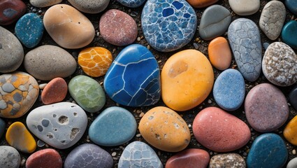 Colorful smooth pebbles on the beach forming a vibrant natural background suitable for various designs and projects.
