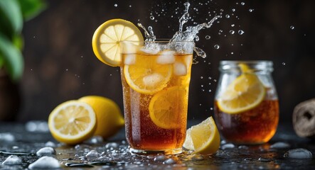 Refreshing Iced Tea with Lemon Slices and Splash of Water on a Dark Background