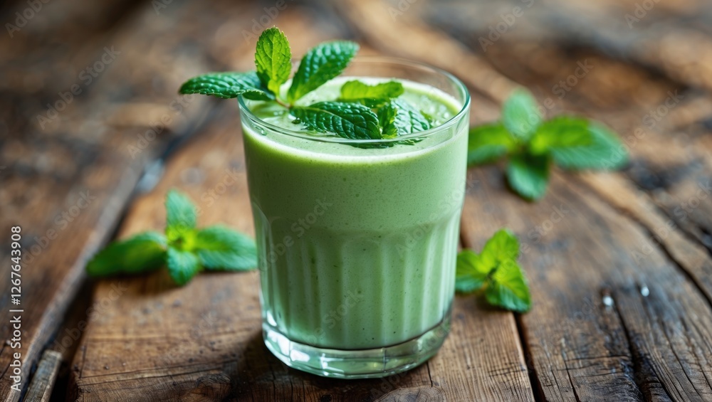 Poster Refreshing Mint Smoothie in Glass on Rustic Wooden Table with Fresh Mint Leaves and Space for Custom Text or Branding
