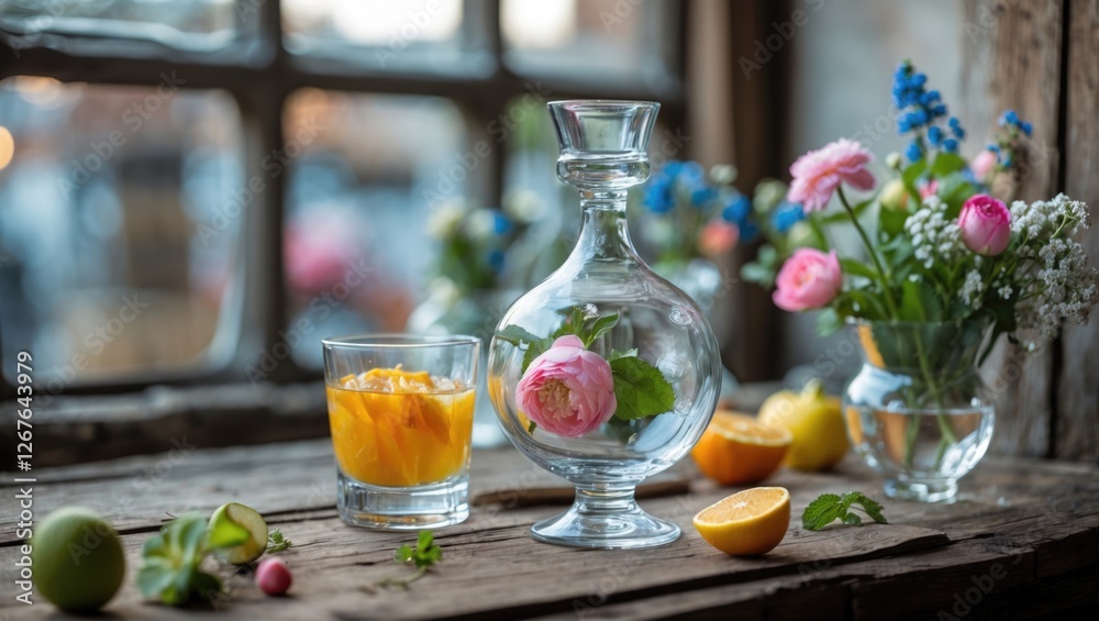Poster elegant glass decanter with flowers and fresh fruits on rustic wooden table by window showcasing a r