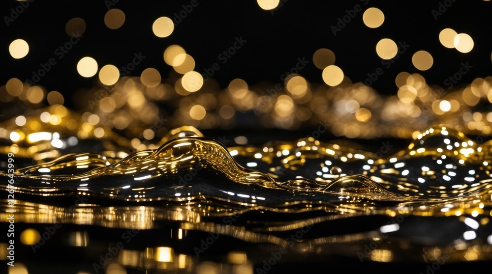 Aufkleber Golden bokeh light reflections on water surface with dark background creating an elegant and abstract visual effect.