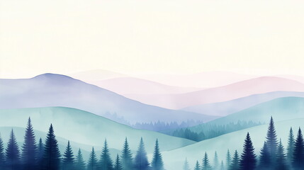 Obraz premium A serene pastel landscape illustration nature background of a tranquil forest with rolling hills and misty mountains in soft blue, lavender, and mint green. Featuring delicate trees.