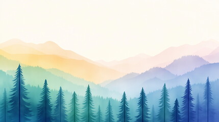 Obraz premium A serene pastel landscape illustration nature background of a tranquil forest with rolling hills and misty mountains in soft blue, lavender, and mint green. Featuring delicate trees.