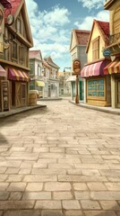 European town street scene, sunny day, shops, cafes. Possible use Background, illustration