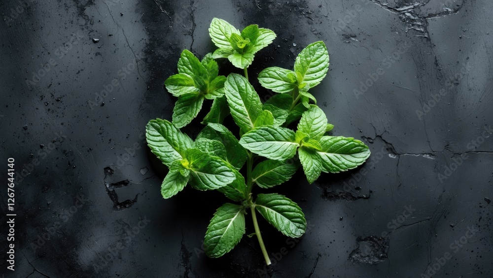 Poster fresh mint leaves on black concrete surface with space for text or design elements