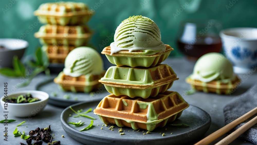 Poster Green Tea Waffles Stacked with Ice Cream and Garnish on Plate with Empty Space for Text in Soft Ambience