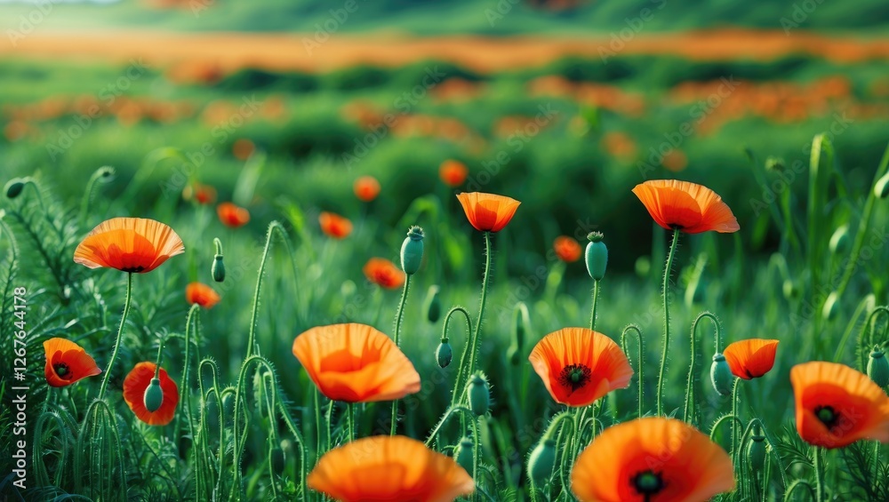 Poster vibrant poppy flowers in a green field with space for text and a scenic background ideal for nature 