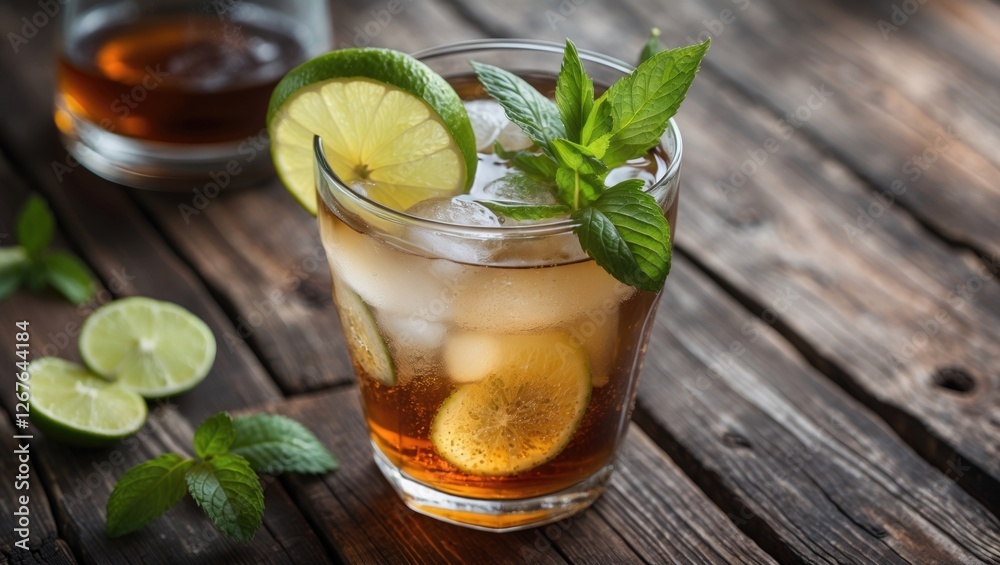 Aufkleber Refreshing iced tea with lime and mint served in a glass on a rustic wooden table with space for text overlay.
