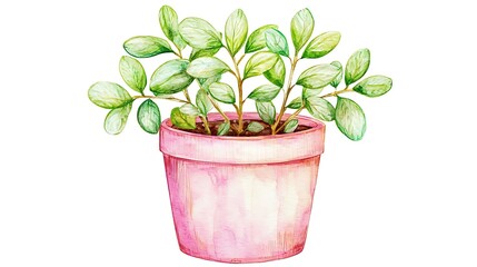 Fototapeta premium A chibi potted plant with green leaves, looking healthy, isolated on a white background