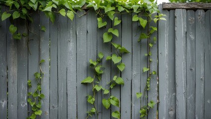 Green climbing plant intertwined with gray wooden fence showcasing natural textures and vibrant greenery against a rustic backdrop.
