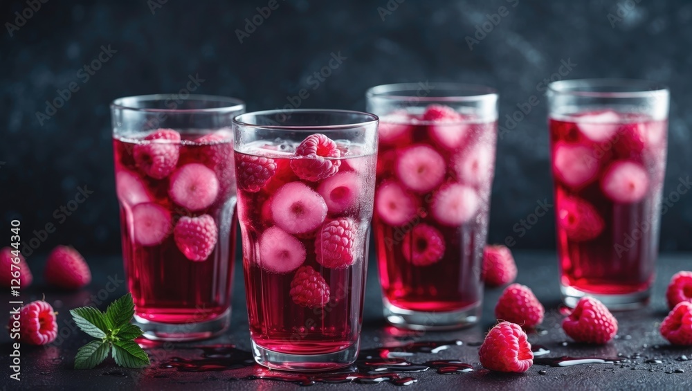 Poster refreshing cold raspberry tea in glasses with berries on dark background perfect for summer beverage