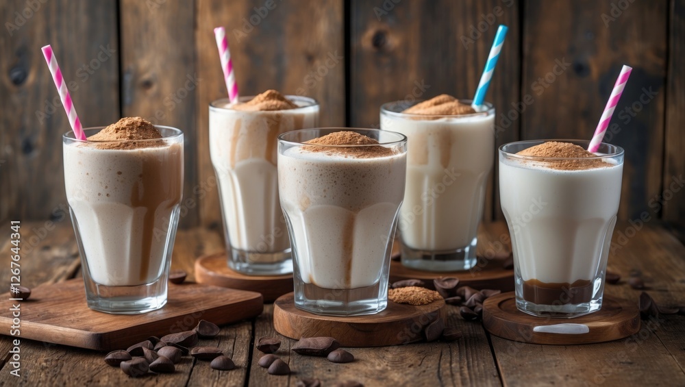 Poster milkshakes in glasses with straws and cocoa powder on wooden table perfect for refreshing beverage p