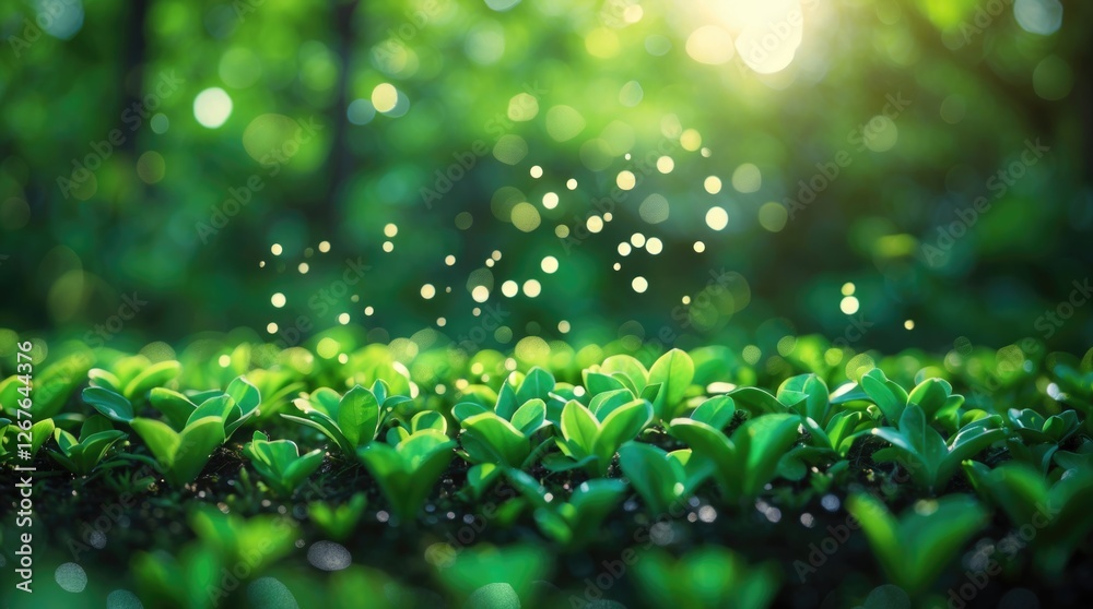 Aufkleber vibrant green nature background with bokeh effect ideal for copy space, showcasing fresh leaves and 