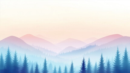 Obraz premium A serene pastel landscape illustration nature background of a tranquil forest with rolling hills and misty mountains in soft blue, lavender, and mint green. Featuring delicate trees.