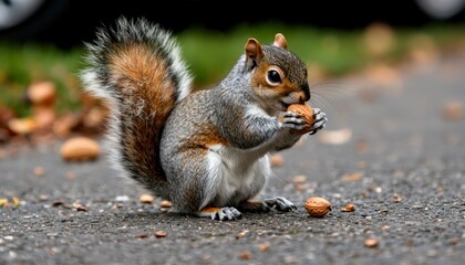 Fototapeta premium Squirrel eating a nut in the forest with autumn leaves falling. Wildlife scene