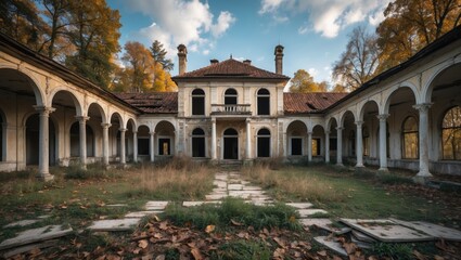 Naklejka premium Abandoned Beocin Manor in Serbia Surrounded by Autumn Foliage Showcasing Historical Architecture and Nature's Reclamation