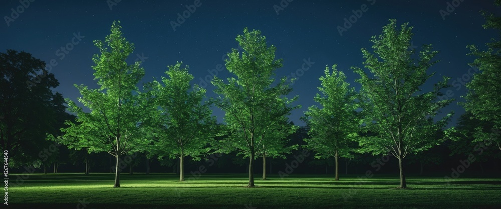 Aufkleber Lush Green Trees Illuminated at Night with Open Space for Text or Graphic Overlay in a Serene Outdoor Landscape