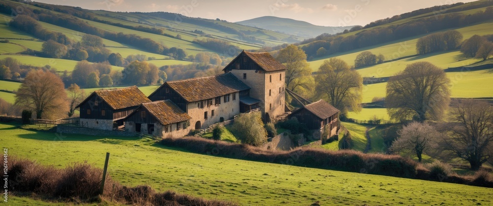 Poster serene countryside landscape featuring old mill nestled on a hill surrounded by lush green fields an