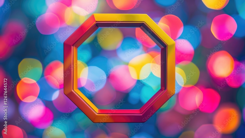 Poster colorful octagonal frame with bokeh background in soft focus creating a vibrant artistic atmosphere 