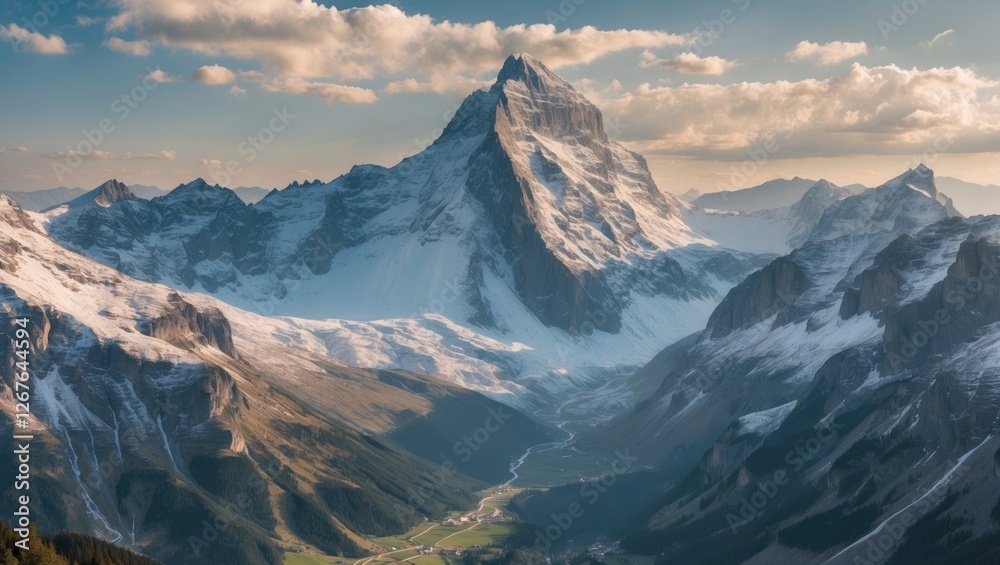 Poster majestic panoramic view of snow-capped mountain peaks with lush valleys below and clear skies, featu