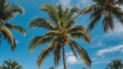 Coconut Palm Trees Against a Clear Blue Sky with Whimsical Cloud Patterns in a Tropical Paradise Setting