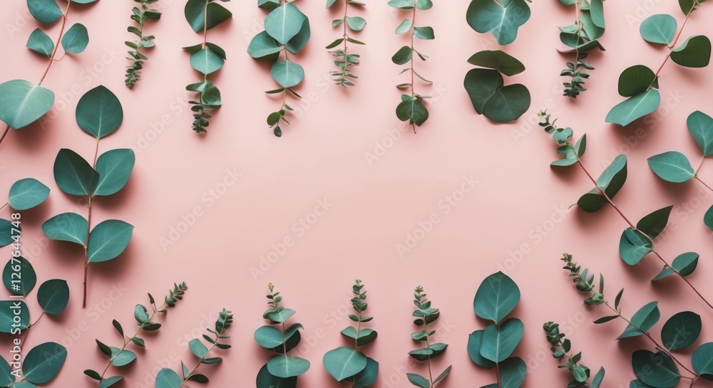 Poster eucalyptus leaves arranged on a pastel pink background creating a seamless floral pattern for cosmet