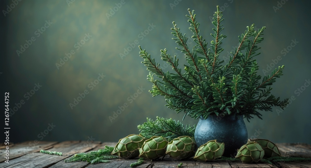 Poster Evergreen Plant Arrangement with Pods on Rustic Table and Dim Background Featuring Placeholder Space for Text or Branding