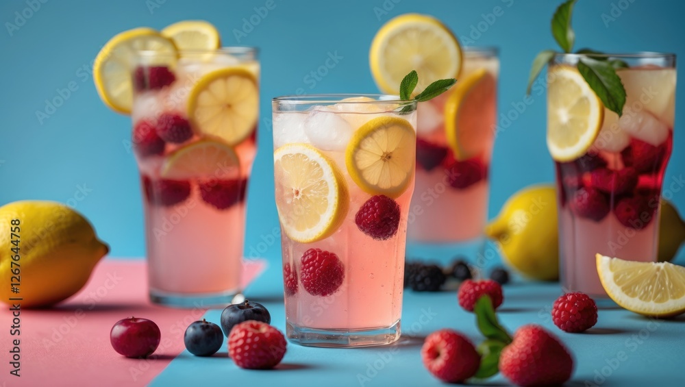 Poster refreshing lemonade with fruits and berries in colorful glasses on vibrant background perfect for su